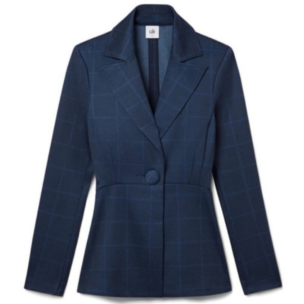 Cabi Navy Blue Grid Plaid Check Blazer One Button Size 6 Women's Sunset Kiss